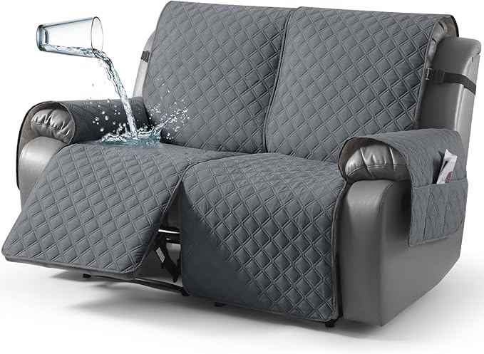 TAOCOCO 100% Waterproof Recliner Couch Covers, Recliner Sofa Covers with Leg Straps, 1-Piece Washable Reclining Sofa Cover with Pocket Couch Protector for Pets Kids(2 Seater, Dark Grey)
