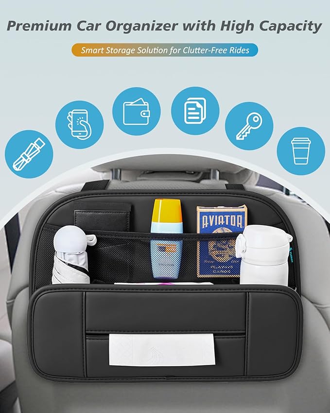 FLORICH 5-in-1 Car Backseat Organizer, Premium Leather Headrest Seat Back Storage Pocket with Cup Holder, Foldable Hanging Car Tissue Holder 1 PACK