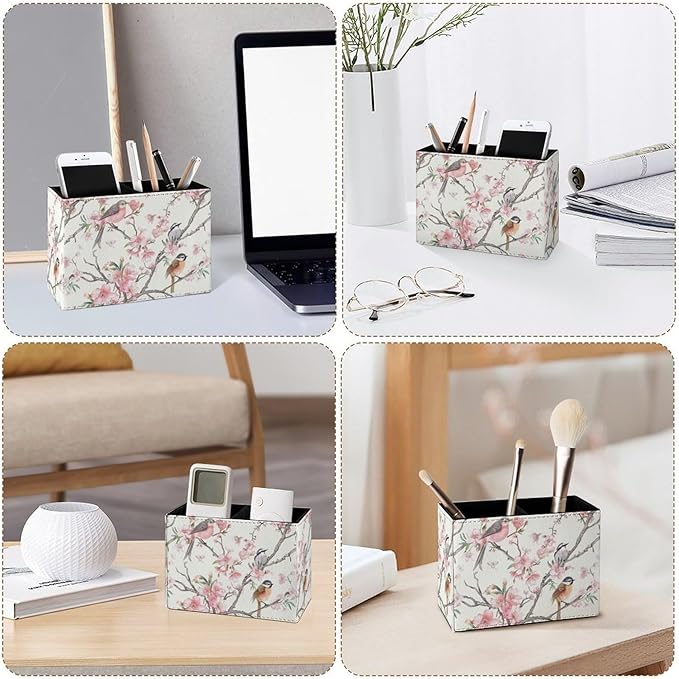 Famame Birds Peach Blossom Pencil Holder for Desk, Leather Desktop Container Pen Cup Storage Study Table Pen Organizer Makeup Brush Holder for Classroom Office Home