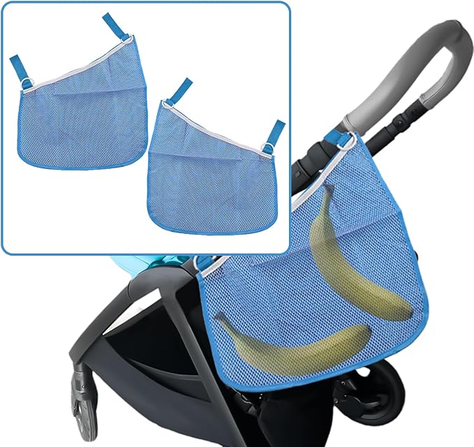 2 Pack Universal Side Sling Stroller Organizer with Mesh Cargo Net,Adjustable and Non-Slip Stroller Storage Bags, Portable Side Sling Stroller Cargo Net for Baby Accessories(Blue)