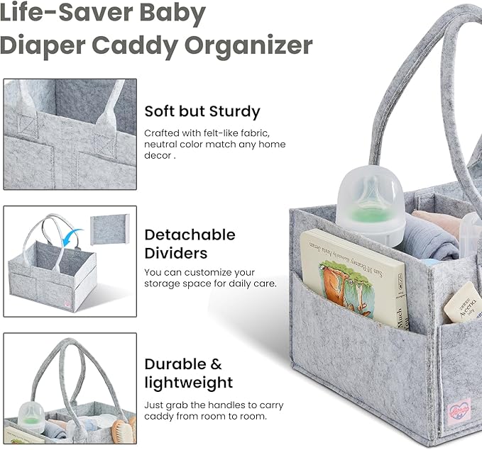 Upgraded Baby Diaper Caddy Organizer, Portable Nursery Storage Bin with Handle, Side Pockets Car Organizer for Diapers and Baby Wipes Essentials, Registry Gift Baskets (Small-Grey)