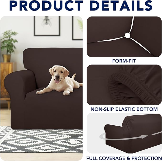 PureFit 100% Dual Waterproof Couch Cover Slipcovers for Couches and Sofas - Stretch Non Slip Fleece Sofa Covers Washable, Leakproof Furniture Protector for Kids, Pets, Dog (Loveseat, Chocolate)