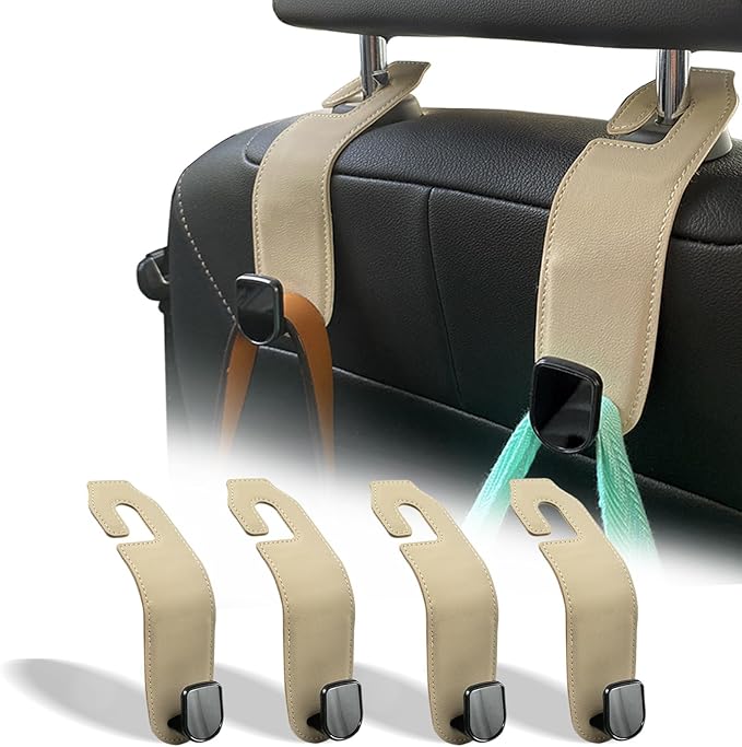 Teoenix Car Seat Headrest Hook, 4 Pack Leather Car Purses and Bags Hooks Holder Hanger for Groceries Organization Accessories, Tan
