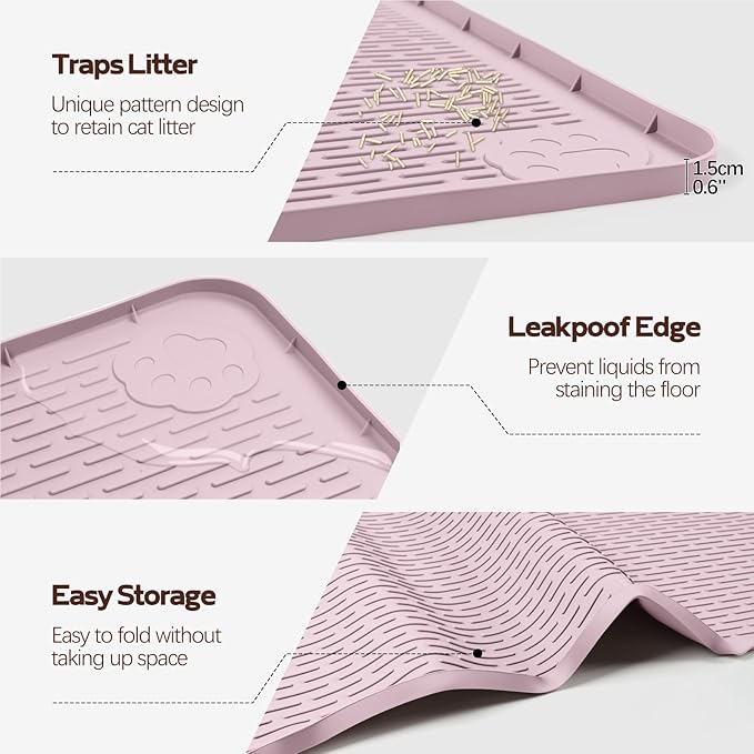 Bartuke Cat Litter Mat, XXL Extra Large 50" x 35" Silicone Mat Litter Trapping Mat for Scatter Control, Soft on Kitty Paws, Easy to Clean (Pink)