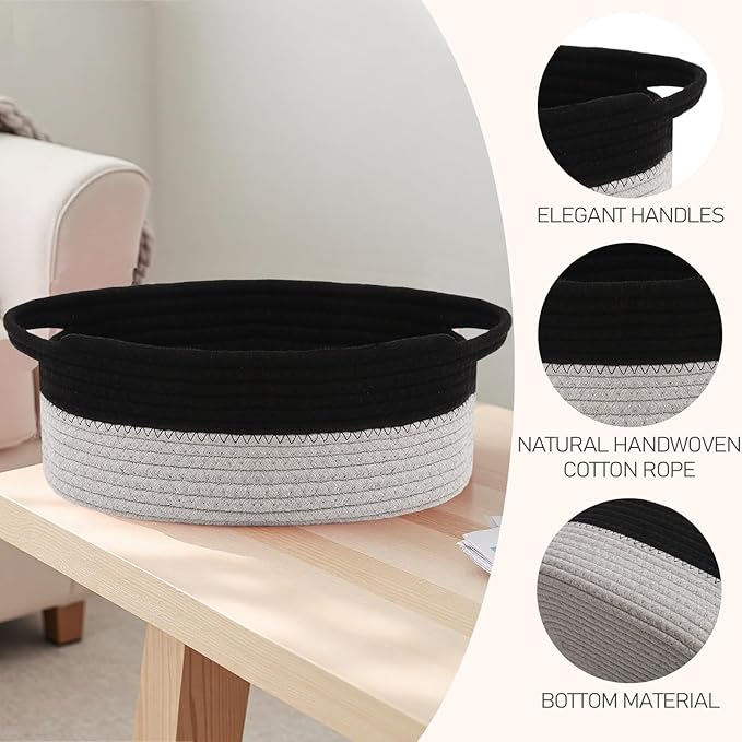 JMvicyroam Woven Basket,Small Rope Storage Bin with Handles & Ribbon Bag, Organizer for Shelves Closets,Gift Basket Empty for Birthday,Books,Dog Toys, Black&Grey/2 Pack