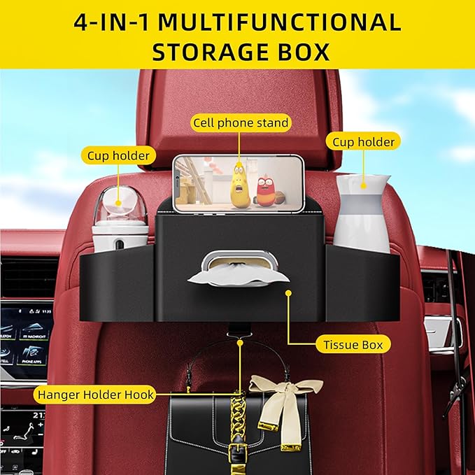 Car Back Seat Organizer with one towel， Multifunctional Car Back Seat Storage Box with 2 Drink Cup Holder Tissue Box for Hold Phone Drinks Handbag Compatible with Most Vehicles (Black)
