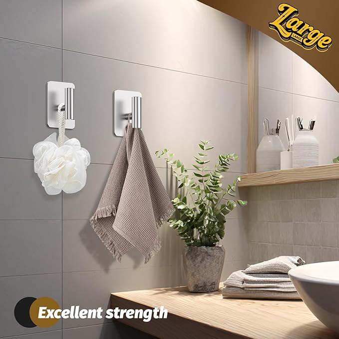 Heavy Duty Adhesive Hooks - 26lb Max, Sticky Wall Hooks Waterproof Stainless Steel for Hanging Towel, Coat, Robe, Towel Hooks Stick on Bathroom, Kitchen, Shower, Door (Silver, 4 Pack)