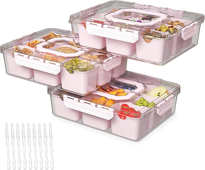 REBECAT Divided Serving Tray with Lid and Handles 9 Compartments Snack Box Container Charcuterie Organizer Snackle Box Container for Candy,Nuts，Fruits,Snacks,3 Pack,Pink