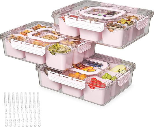 REBECAT Divided Serving Tray with Lid and Handles 9 Compartments Snack Box Container Charcuterie Organizer Snackle Box Container for Candy,Nuts，Fruits,Snacks,3 Pack,Pink