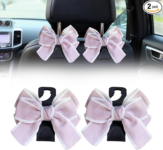 2 PCS Car Seat Headrest Hooks, Cute Bow Purse Hook Hanger for Car Headrest, Universal Purse Holder for Umbrella, Storage Bag, Coat (Pink)