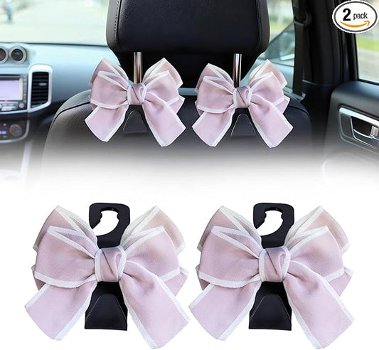 2 PCS Car Seat Headrest Hooks, Cute Bow Purse Hook Hanger for Car Headrest, Universal Purse Holder for Umbrella, Storage Bag, Coat (Pink)