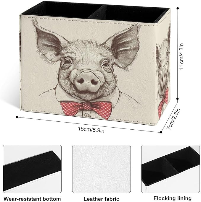 Famame Bow Tie Pig Portrait Pencil Holder for Desk, Leather Desktop Container Pen Cup Storage Study Table Pen Organizer Makeup Brush Holder for Classroom Office Home