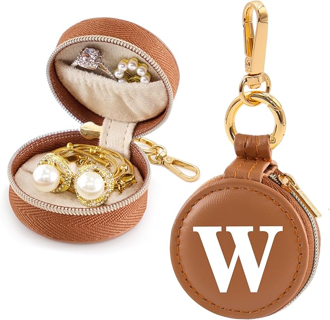 Mini Initial Travel Jewelry Case Ring Holder, Brown Faux Leather Small Jewelry Organizer Box Gifts for Women Girls Nurse Teacher, Gym Travel Accessories Keychain Pouch for Earrings Rings Necklace W