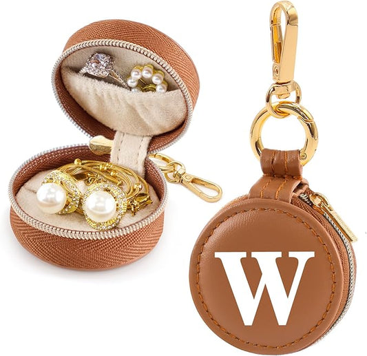 Mini Initial Travel Jewelry Case Ring Holder, Brown Faux Leather Small Jewelry Organizer Box Gifts for Women Girls Nurse Teacher, Gym Travel Accessories Keychain Pouch for Earrings Rings Necklace W