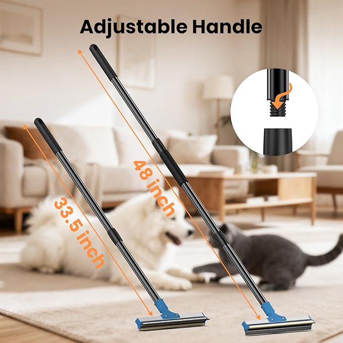 4 in 1 Carpet Rake for Pet Hair Removal - Dog Cat Fur Remover Scraper Broom, 48" Adjustable Carpet Rake, Hair Removal Glove, Handheld Brush, Grooming Brush, Cleaner Tools for Rugs, Mats, Sofa, Bed