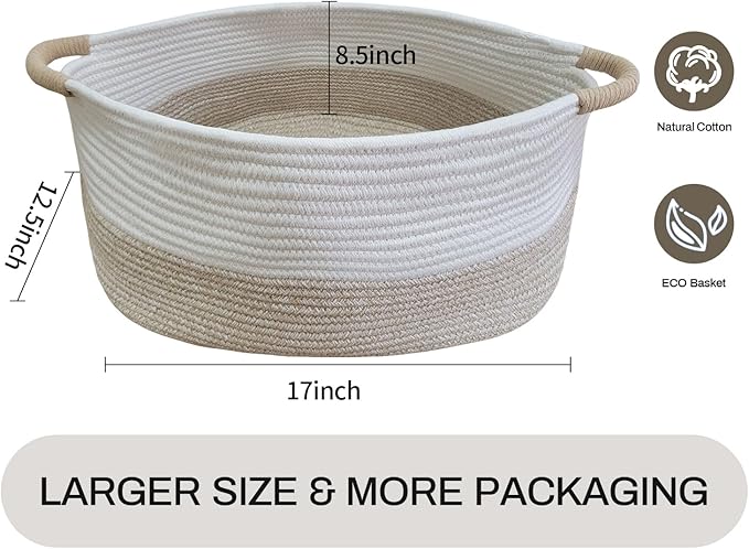Medium Rope Basket with Handles, Medium Bohe Storage Basket, 17 "L x 12.5" W x 8.5 "H, Home Decor Organizer for Towels,toys, Books & Magazines
