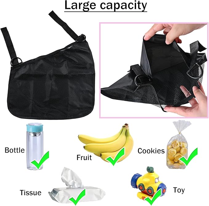 2PCS Universal Side Sling Stroller Cargo Net,Portable Storage Mesh Bag,Stroller Storage Organizer Bag,Non-Slip and Adjustable Straps Side Sling Mesh Organizer(Black)