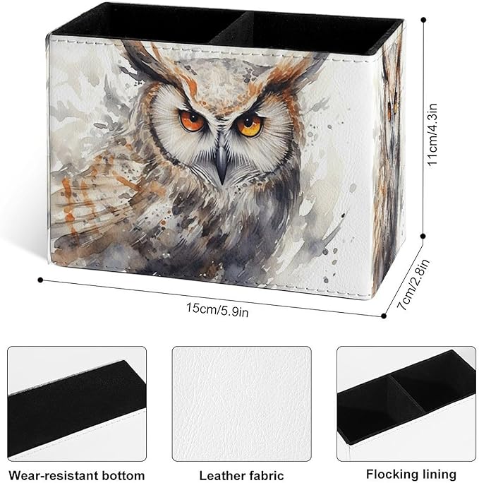 Famame Splash Owl Orange Eyes Pencil Holder for Desk, Leather Desktop Container Pen Cup Storage Study Table Pen Organizer Makeup Brush Holder for Classroom Office Home