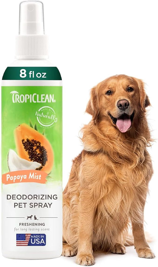 TropiClean Dog Perfume, Long Lasting Papaya Cologne, Deodorizing Spray for Smelly Dogs, After Bath Detangling Spray with Vitamin E, Safe for Cats, 8oz.