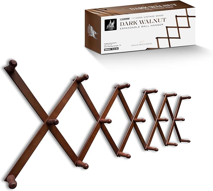 Mercurial Trade Expandable Wooden Coat Rack Hanger – Accordion Wall Mounted Pine Wood Hooks – Hand Made Vintage Expending Pegs – Hang Coat, Jacket, Hat, Leash, Towel, Mug, Bag – 17 Hook, Dark Walnut