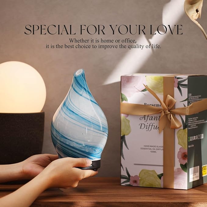 Porseme 150ml Essential Oil Diffuser Glass Color Changing Aroma Air Diffusers Aromatherapy Ultrasonic Cool Mist Humidifier 6 Running Hours Waterless Auto-Off for Sleeping Yoga Office Spa (Blue Ink)