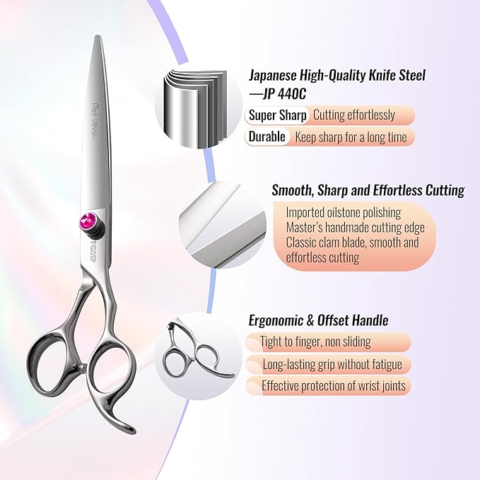 Straight Dog Grooming Scissors 8.0'' Long Large Dog Shears for Grooming Poodle Large Dog Pet Japanese 440C Stainless Steel Dog Scissors Super Sharp(8.0'',Straight)