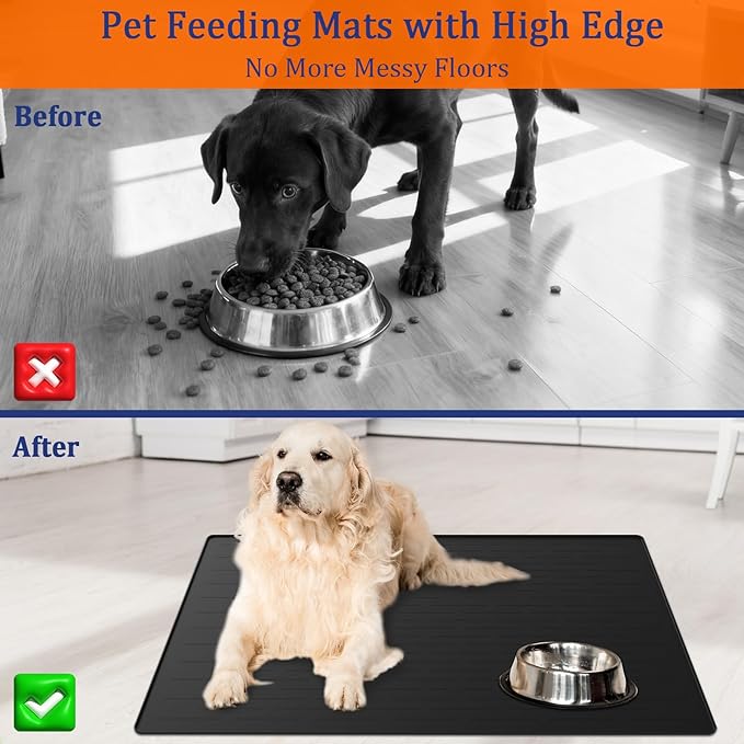 40"x30" XXL Silicone Dog Feeding Mat, 1.5MM Extra Thick Dog Bowl Mat for Food and Water, Large Non-Slip Placemat with High Edges for Dogs Bowls, Easy to Clean, Black