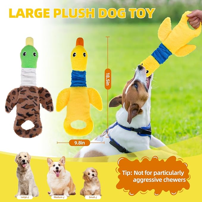 Mihachi Squeaky Dog Toys 2 Pack, Plush Stuffed Puppy Toys with Crinkle Paper-Tug of War Dog Toys for Small, Medium and Large Dogs Duck Interactive Squeaky Pet Toys to Keep Them Busy, Wild+Yellow Duck