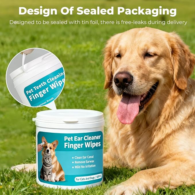 Falatong Pet Ear Cleaner Finger Wipes for Dogs, Cats, Gentle Alcohol-Free Formula, Removes Wax, Debris, 50 Count, Vet Approved, 4x8cm