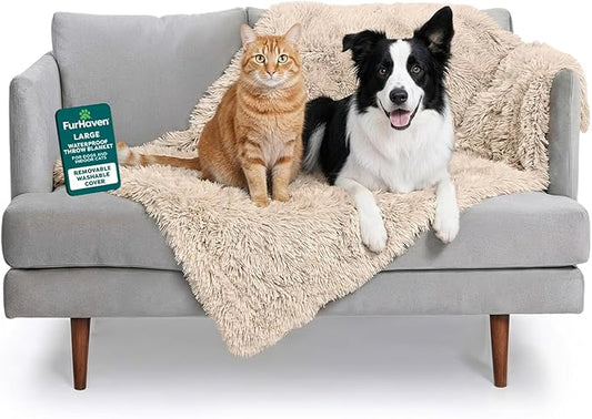 Furhaven Waterproof Throw Blanket for Dogs & Indoor Cats, Washable - Shaggy Plush Calming Long Faux Fur & Velvet Dog Blanket - Taupe, Large