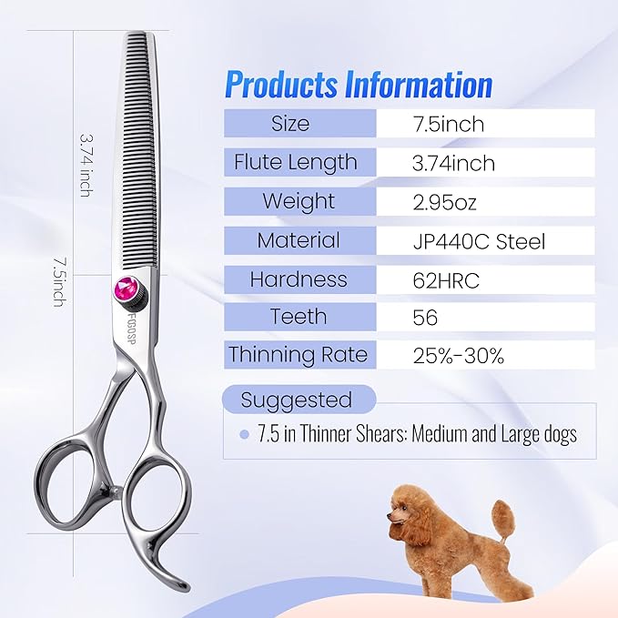 Thinning Shears for Dogs Grooming 7.5 in Professional Long Dog Thinning Shears 50 Teeth Dog Grooming Scissors for Pet Cat Japan 440C Stainless Steel 30% Thinning Rate(7.5'',Blending)