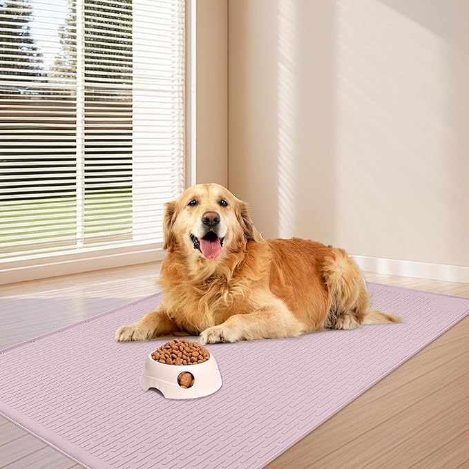 Bartuke Dog Food Mat, Extra Large 40" x 28" Silicone Pet Feeding Mat with Raised Edge Pet Placemat for Small, Medium, and Large Pets Non-Slip, Easy to Clean (Pink)