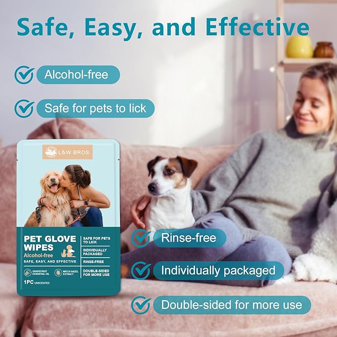 L&W BROS. Pet Wipes Gloves - Safe, Alcohol-Free, and Individually Packaged for Convenient Grooming Disposable Premium Flush-Free Dog Wipes Cleaning Deodorizing Hypoallergenic Wipes(Unscented 12PC)