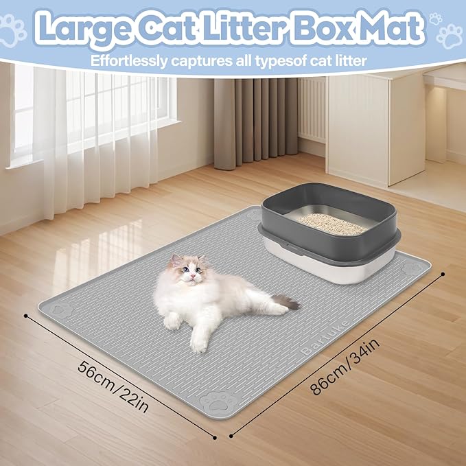 Bartuke Cat Litter Mat, Extra Large 34" x 22" Silicone Mat Litter Trapping Mat for Scatter Control, Soft on Kitty Paws, Easy to Clean (Light Grey)