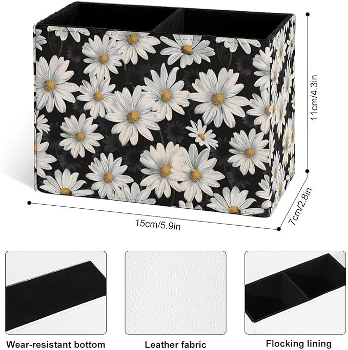Famame White Daisies Seamless Leaves Pencil Holder for Desk, Leather Desktop Container Pen Cup Storage Study Table Pen Organizer Makeup Brush Holder for Classroom Office Home