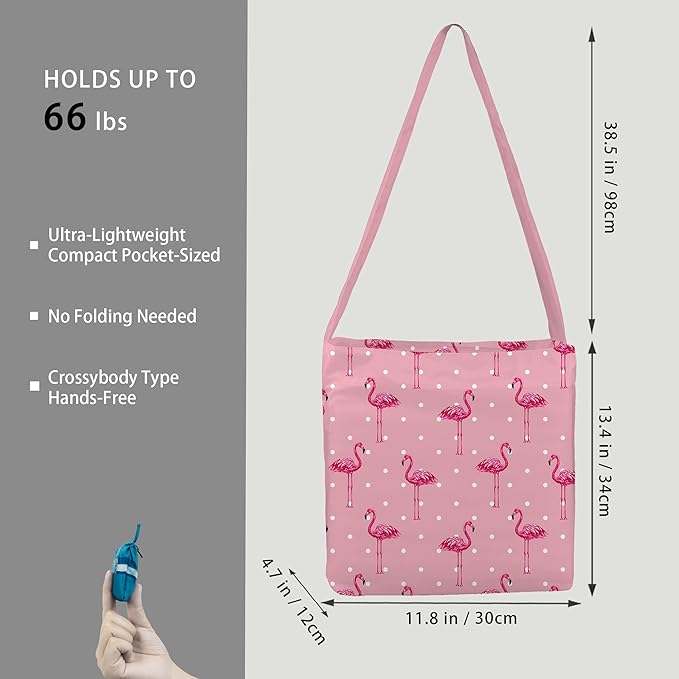 BeeGreen Pink Flamingo Ultimate Crossbody Tote Bag - Reusable Grocery Shopping Bag - Foldable Compact Portable Machine Washable