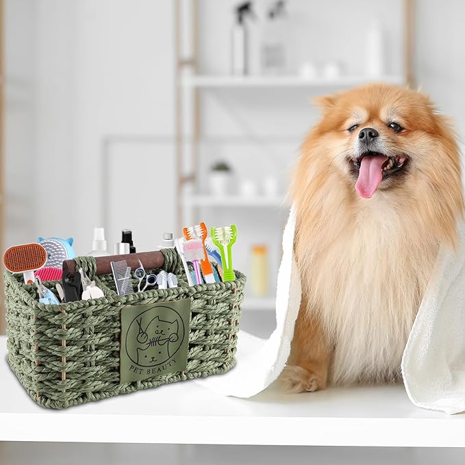 Dog Grooming Organizer,5 Compartments Caddy for Dog Cat Supplies,Handwoven Paper Rope Organizer with Handle,Ideal for Pet Shampoo,Trimmer,Clipper,Combo,Brush-Green