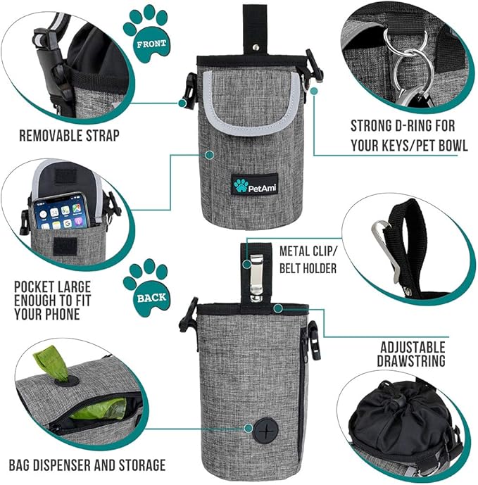 PetAmi Dog Treat Pouch, Large Pet Training Treat Pouch with Pocket, Dog Trainer Essentials Supply Holder with Poop Bag Dispenser, Training Bag for Kibbles Toys, 3 Ways to Wear (Gray)