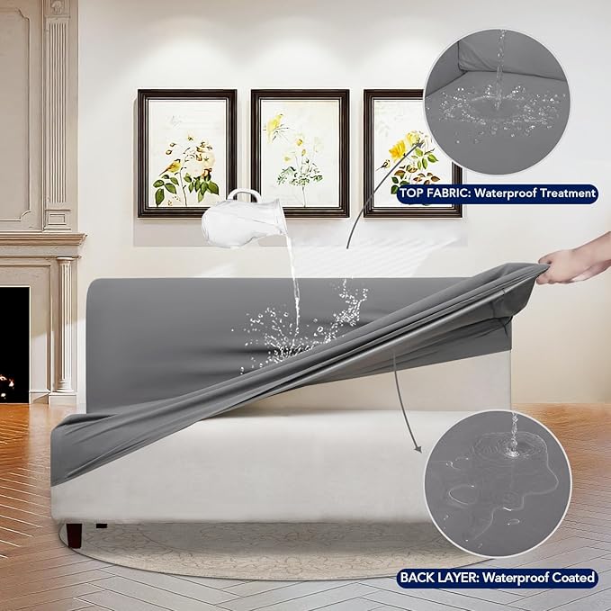 PureFit 100% Dual Waterproof Futon Cover, Couch Cover - Stretch Non Slip Fleece Sofa Covers Washable, Leakproof Furniture Protector for Kids, Pets, Dog (Light Gray)