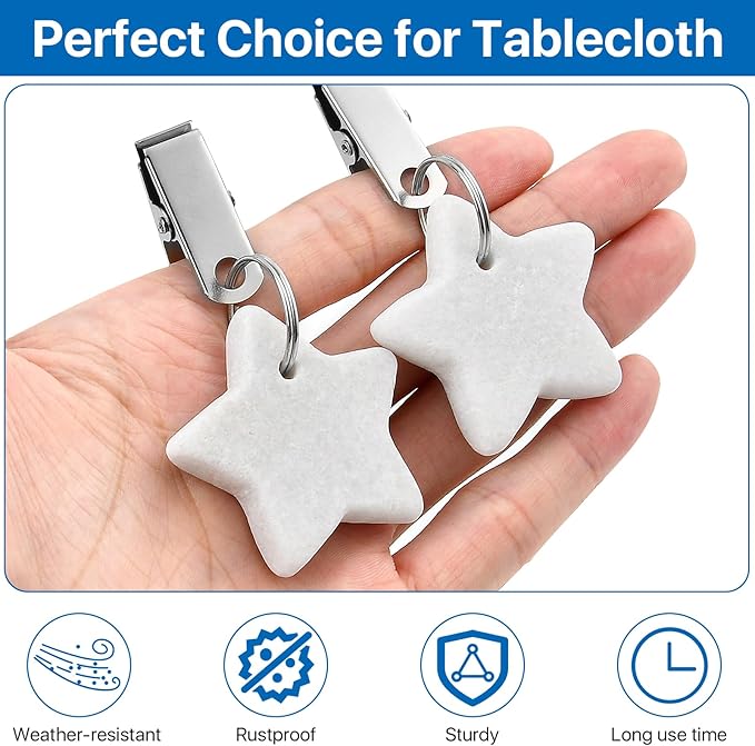 10 Pcs Tablecloth Weights, Metal Clip Star Table Cover Weights Stone,Table Weights Hangers Tablecloth Pendant for Outdoor Picnic Dinner Party Decoration (White)
