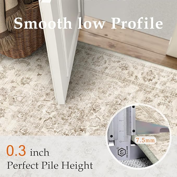 3x7 Washable Neutral Runner Rug Beige Vintage Hallway Kitchen Carpet Non-Slip Soft Low Pile Farmhouse Throw Rug for Bedroom Bathroom Laundry Living Room