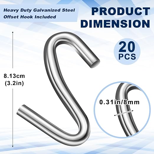 Moxweyeni 20 Pack Heavy Duty S Hooks 3.2 Inch Galvanized Steel Offset Hanging Hook S Shaped Utility Use for Industrial Hanging Hammock Stand Swing Plants, Max 450 Lbs