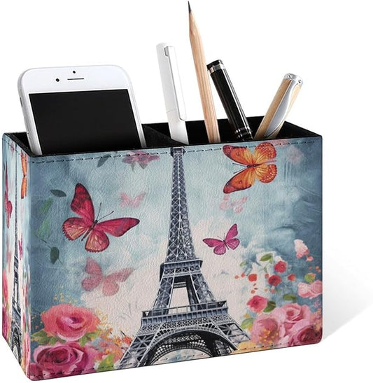 Famame Butterflies Eiffel Tower Flowers Pencil Holder for Desk, Leather Desktop Container Pen Cup Storage Study Table Pen Organizer Makeup Brush Holder for Classroom Office Home