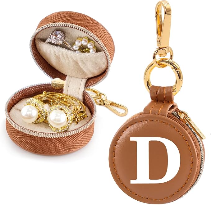 Mini Initial Travel Jewelry Case Ring Holder, Brown Faux Leather Small Jewelry Organizer Box Gifts for Women Girls Nurse Teacher, Gym Travel Accessories Keychain Pouch for Earrings Rings Necklace D