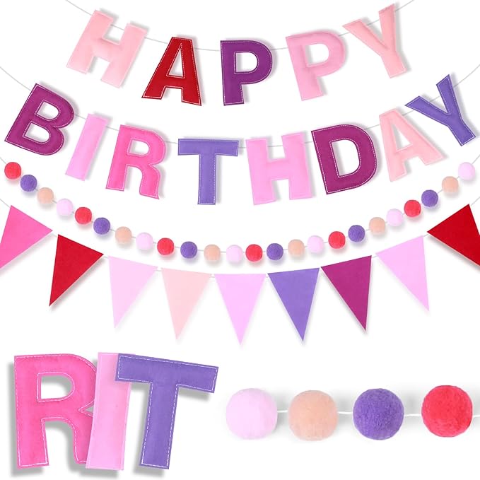 4 Strings Happy Birthday Felt Banner Decoration Pink Birthday Sign Garland Reusable Bunting Banner Pom Pom Hanging Garland Backdrop Wall Decor for Girls Boys Bday Party Supplies Decor