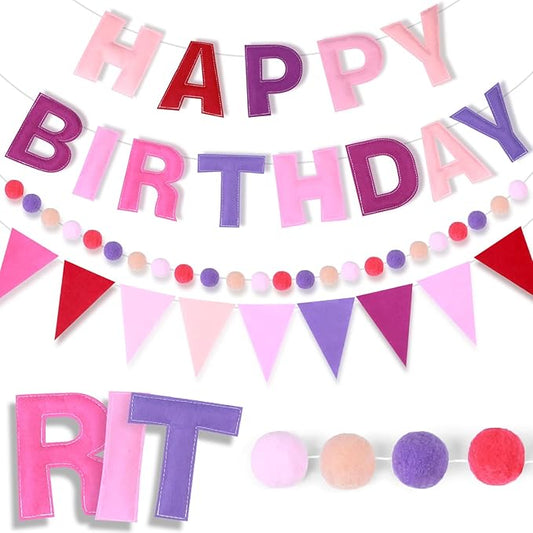 4 Strings Happy Birthday Felt Banner Decoration Pink Birthday Sign Garland Reusable Bunting Banner Pom Pom Hanging Garland Backdrop Wall Decor for Girls Boys Bday Party Supplies Decor