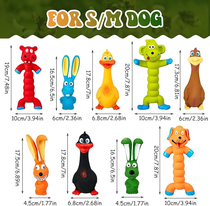 Wettarn 9 Pcs Latex Squeaky Dog Toys 7 Inch Soft Rubber Dog Chew Toy Animal Standing Stick Puppy Fetch Interactive Play Assorted Animal Accessories Gift for Small Medium Large Pet Christmas(Classic)