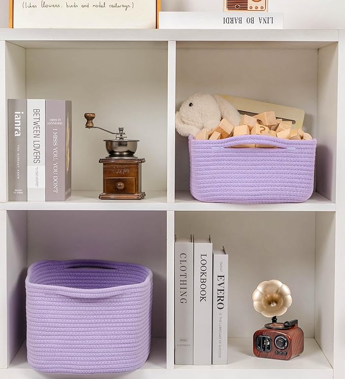 CubesLand Cute and Durable Small Cotton Rope Basket for Organizing, Woven Closet Storage Bin,Shelves Closet Storage Basket, Bathroom Storage Organizer Bin, Nursery Toy Basket Bin, Purple Basket