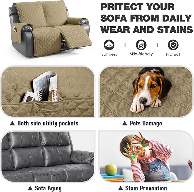 TAOCOCO 100% Waterproof Recliner Couch Covers, Recliner Sofa Covers with Leg Straps, 1-Piece Washable Reclining Sofa Cover with Pocket Couch Protector for Pets Kids(2 Seater, Camel)