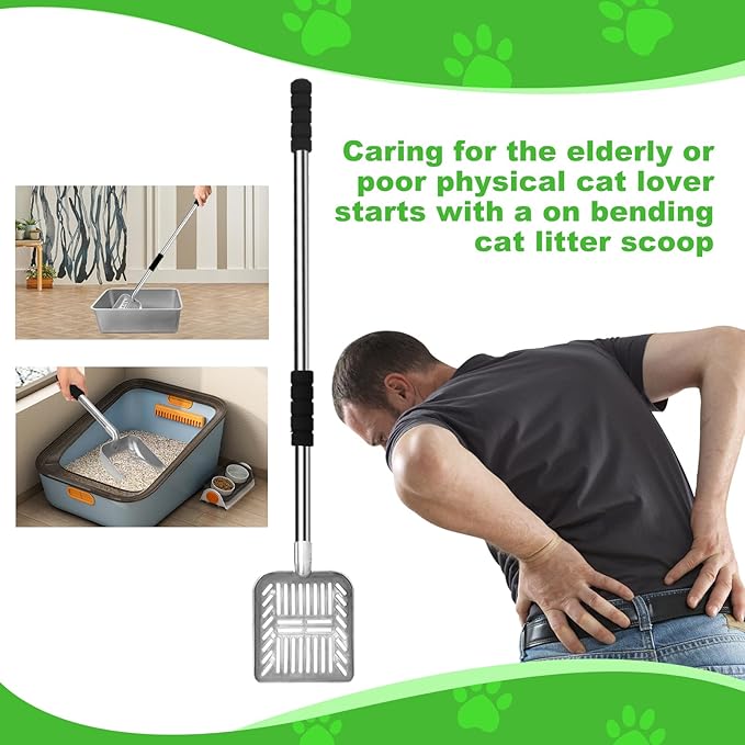Metal Cat Scoop, Removable Litter Scoop, Long Handle Cat Scoop, Adjustable Length Up to 31.5 Inches, 2-in-1 Pet Scoop, Deep Scoop and Fine Hole Scoop, Foam Padded Handle, Cat Poop Scoop for All Cats